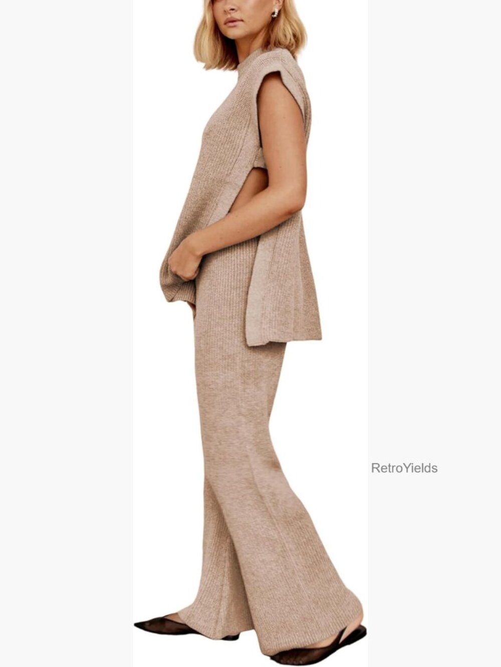 2 Piece Sweater Set Sleeveless Side Slit Pullover Knit Wide Leg Pants Lounge Set